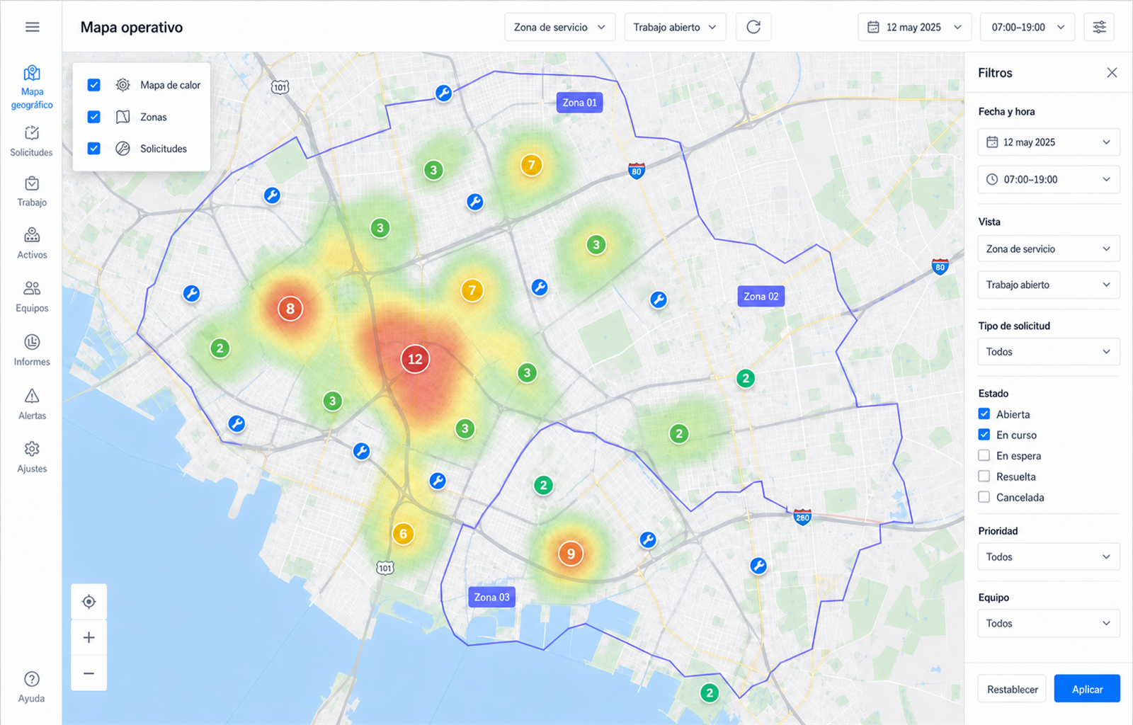 Mapa operativo de Moltaro con ubicación, mapa de calor, zonas, filtros y marcadores de trabajo