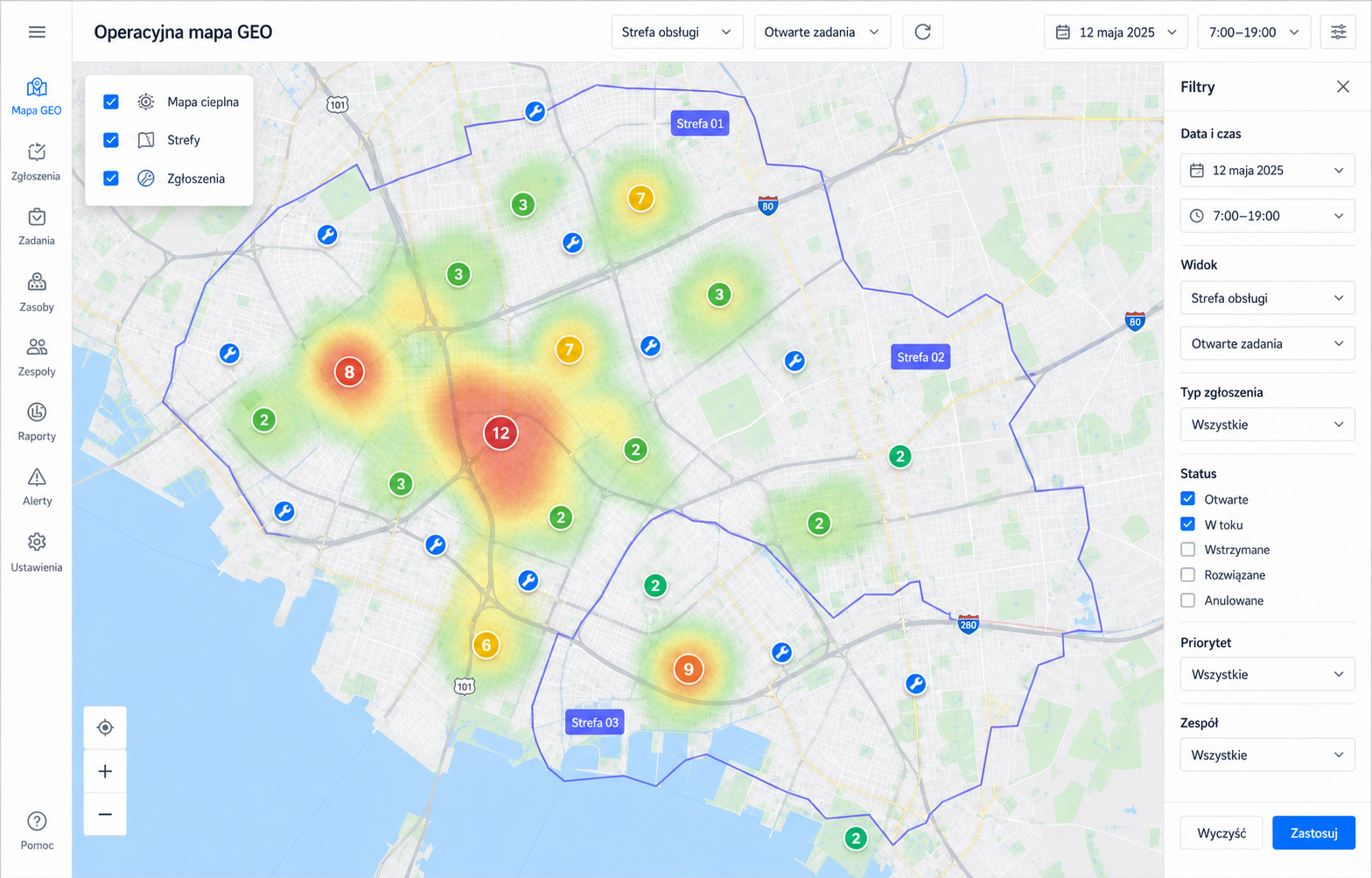 Mapa operacyjna Moltaro ze strefami, mapą cieplną, filtrami i znacznikami pracy