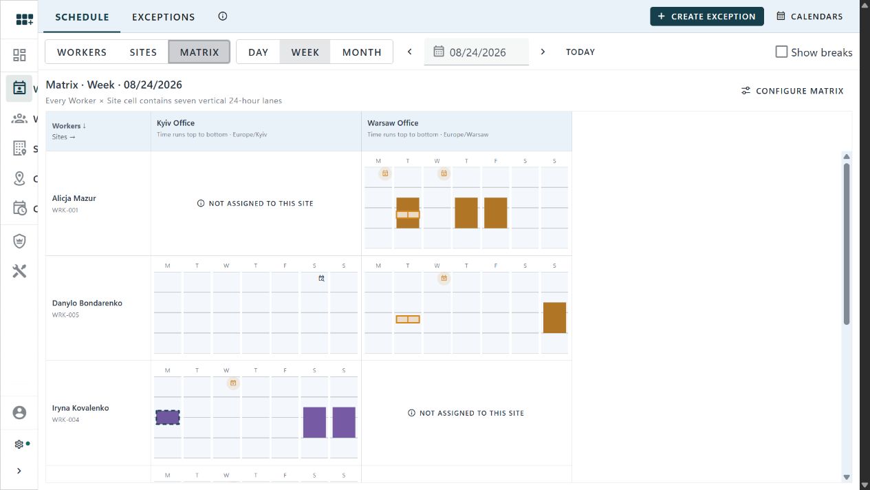 Working Schedule Matrix comparing workers across Kyiv and Warsaw sites, including schedule intervals, exceptions, and unassigned states
