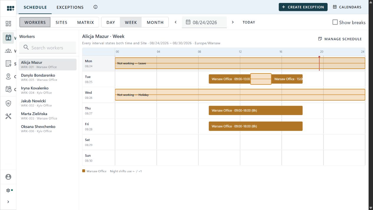 Moltaro Working Schedule showing a worker week with Site intervals and exceptions